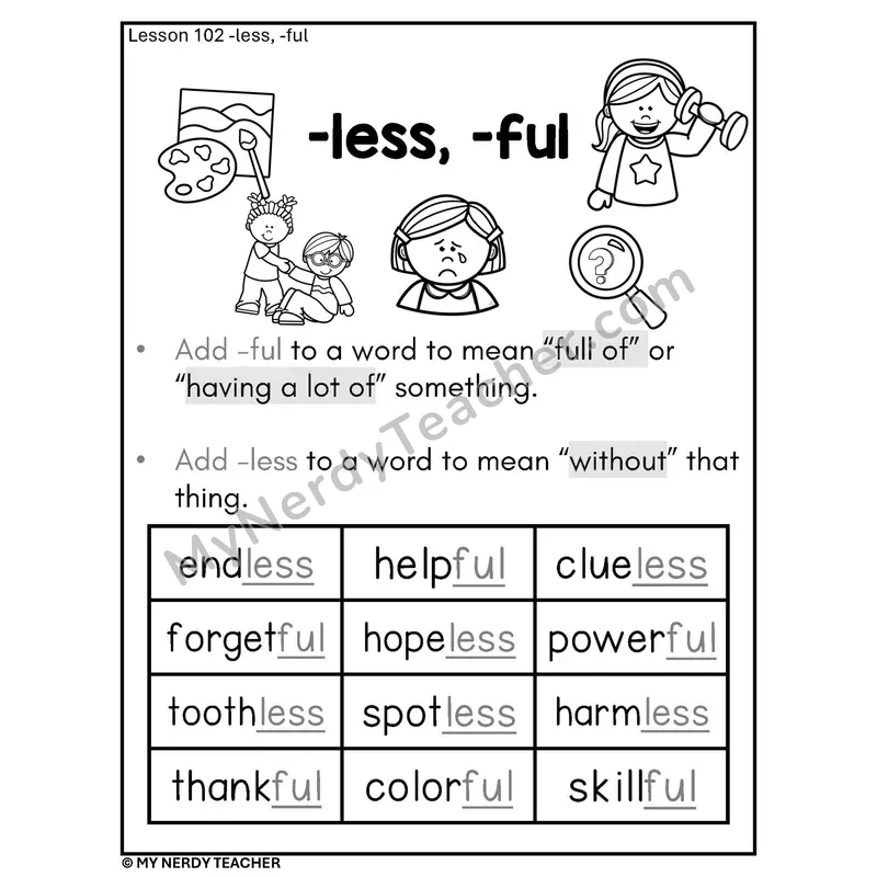 Suffixes -less and -ful Phonics Poster BW — Without and Full Of with Pictures