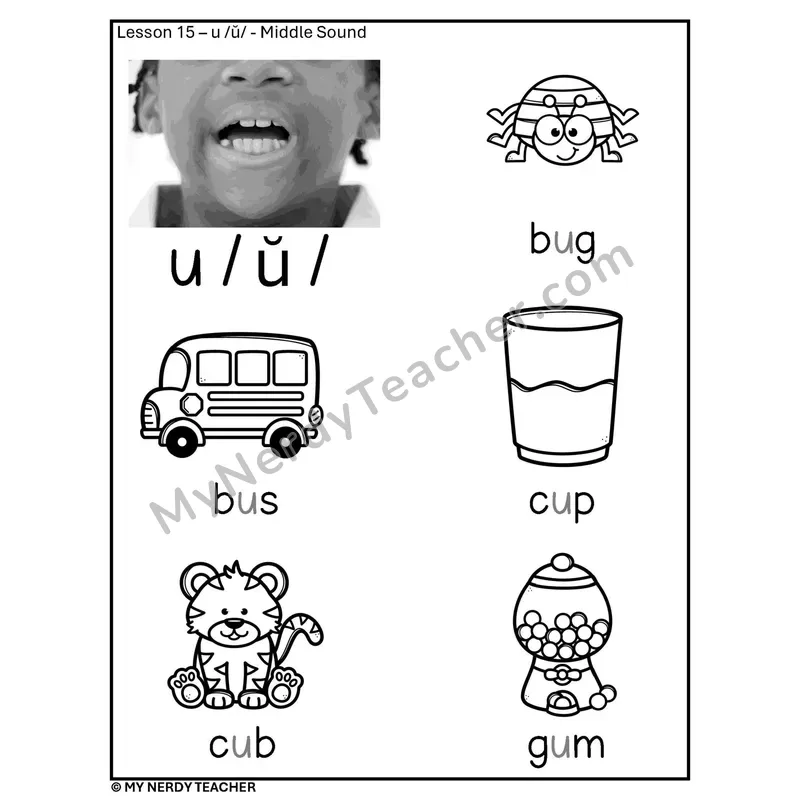 Short U Middle Sound Phonics Poster BW — Letter u /ŭ/ with Pictures