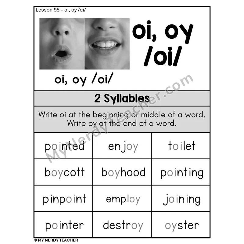 OI OY Diphthong Phonics Poster BW — /oi/ Two-Syllable Word List