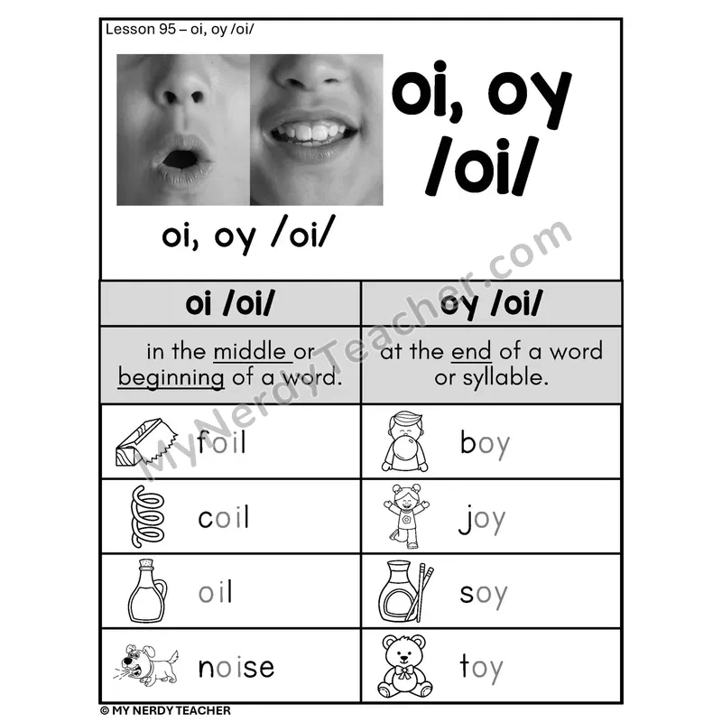 OI OY Diphthong Phonics Poster BW — oi /oi/ and oy /oi/ with Pictures