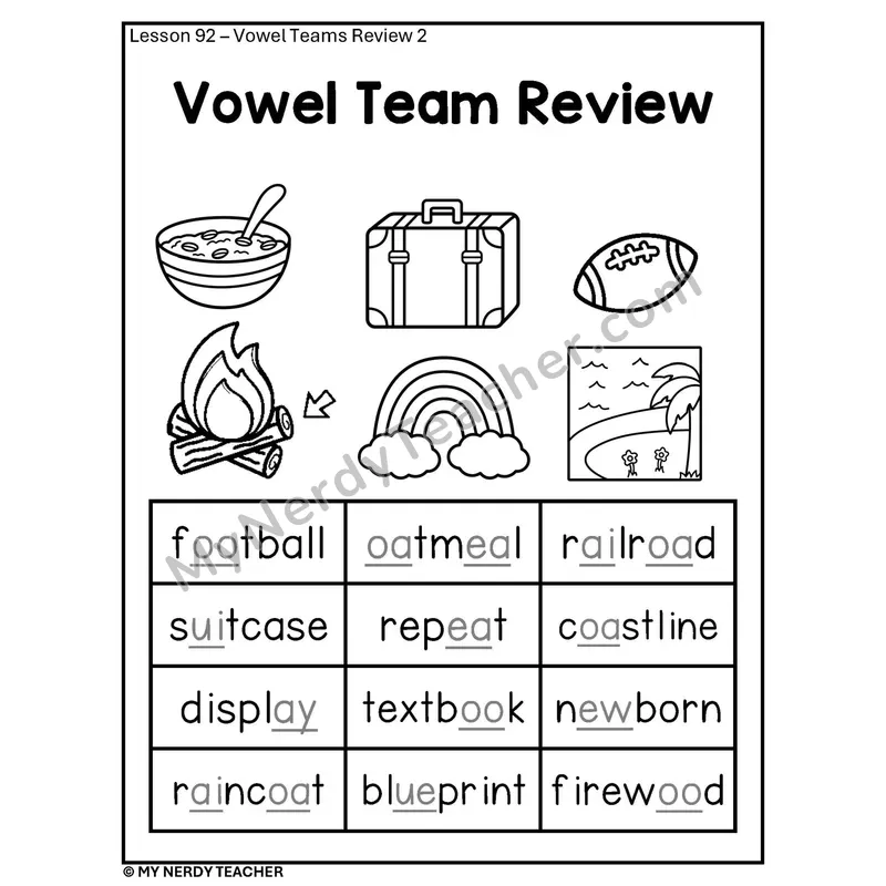 Vowel Teams Review 2 Phonics Poster BW — Multisyllabic Words with Pictures