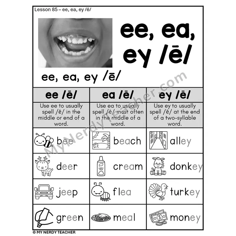 EE EA EY Long E Vowel Team Phonics Poster BW — /ē/ Spelling Rules with Pictures