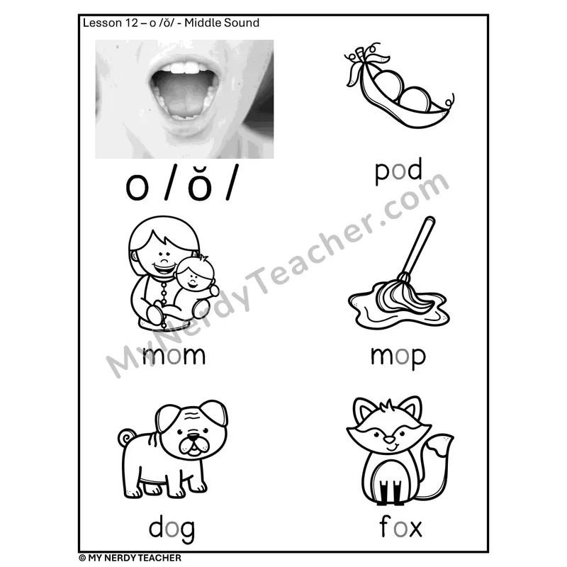 Short O Middle Sound Phonics Poster BW — Letter o /ŏ/ with Pictures