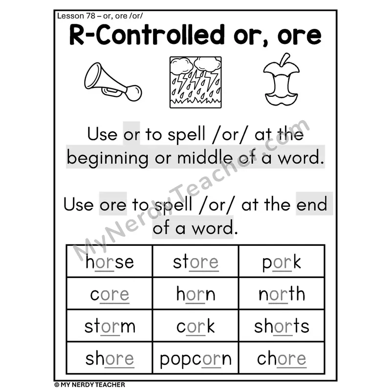 R-Controlled OR ORE Phonics Poster BW — or /or/ Spelling Rule with Pictures