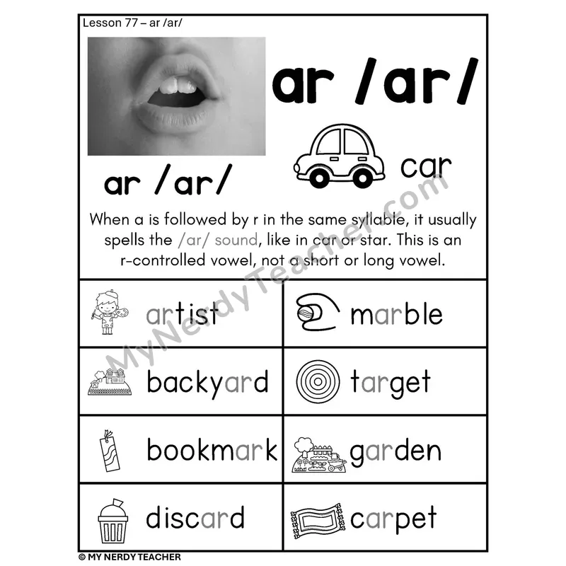 AR R-Controlled Vowel Phonics Poster BW — ar /ar/ with Multisyllabic Pictures