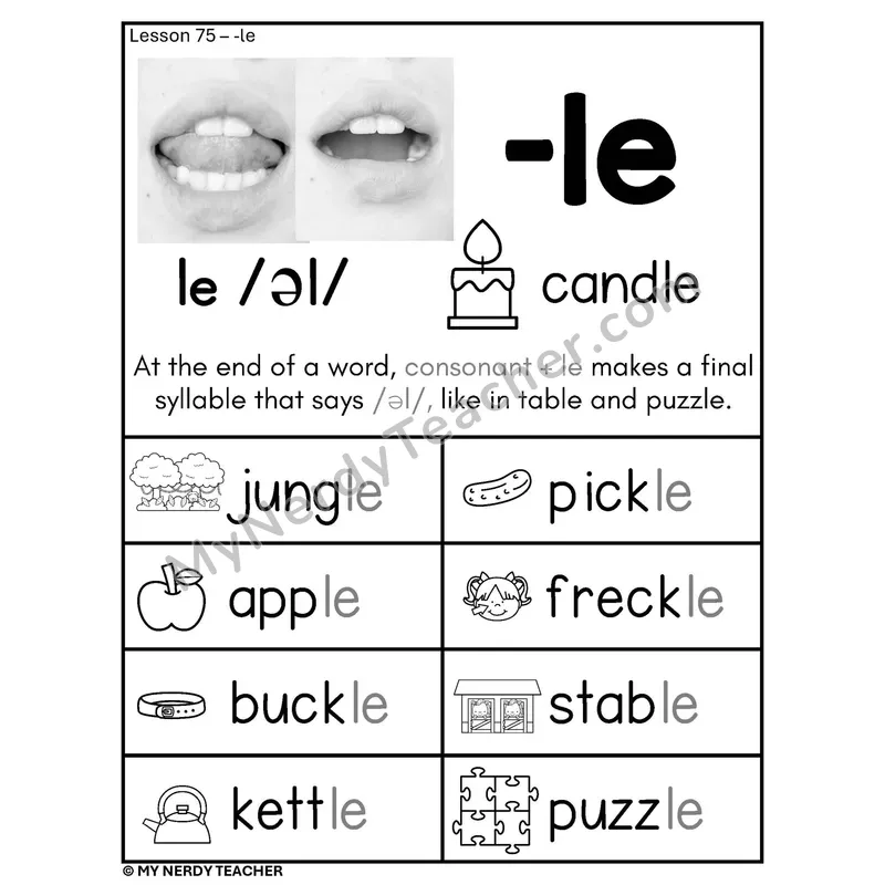 Consonant -le Syllable Phonics Poster BW — -le /əl/ Spelling Rule with Pictures