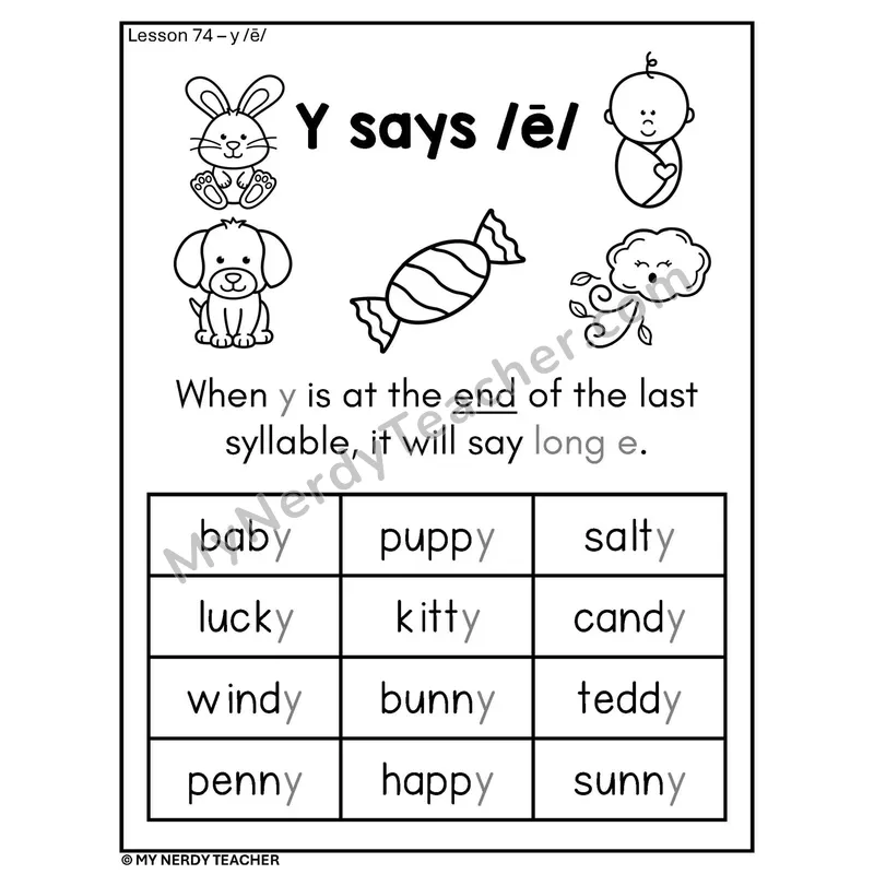 Y Says /ē/ Phonics Poster BW — Final y Words with Pictures
