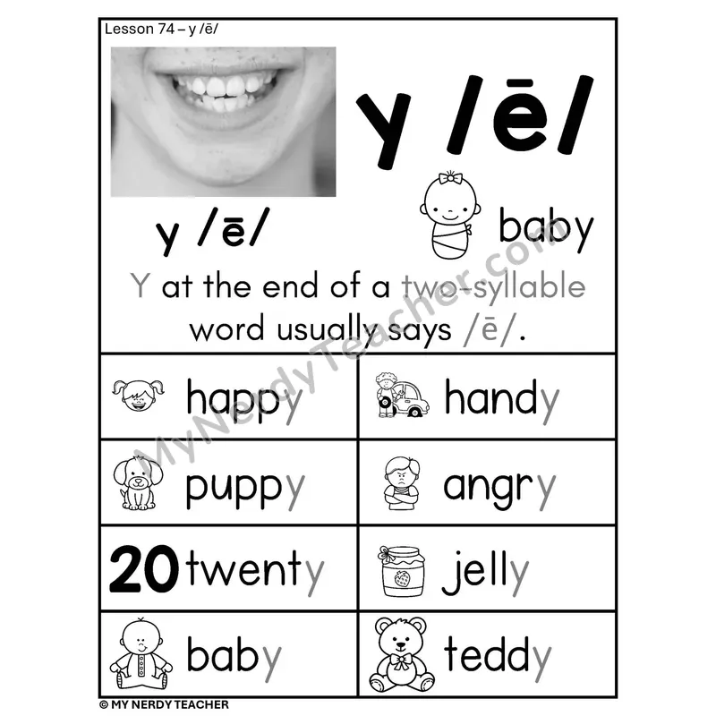 Y Says /ē/ Phonics Poster BW — Final y in Two-Syllable Words with Pictures
