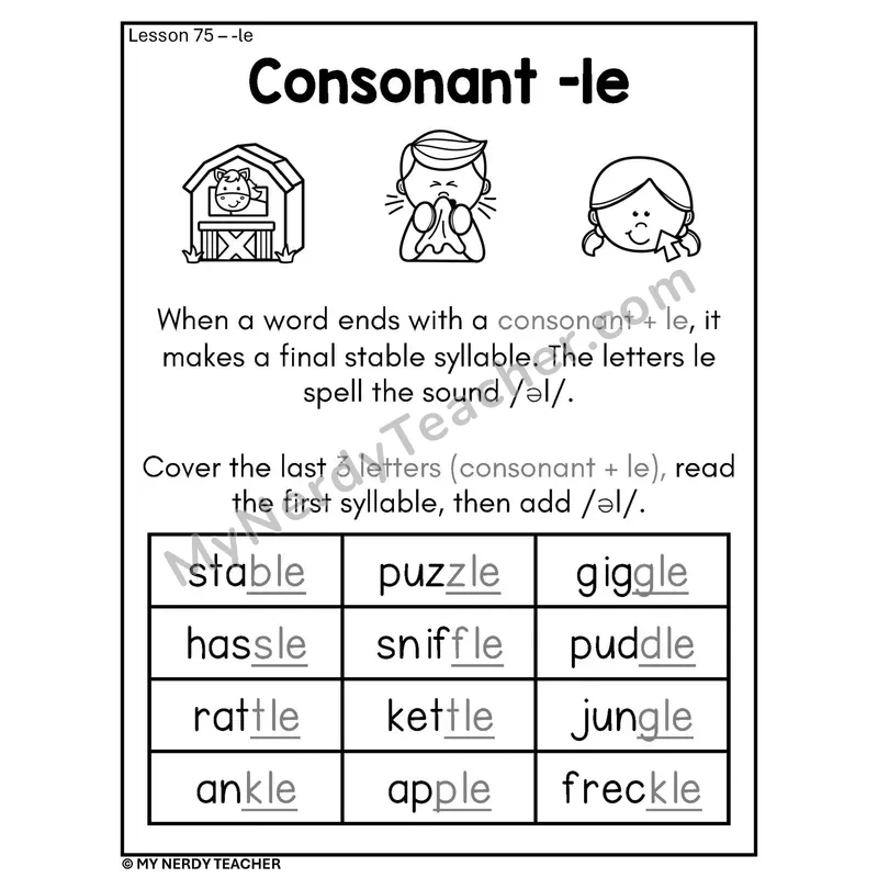 Consonant -le Syllable Phonics Poster BW — -le Words with Pictures