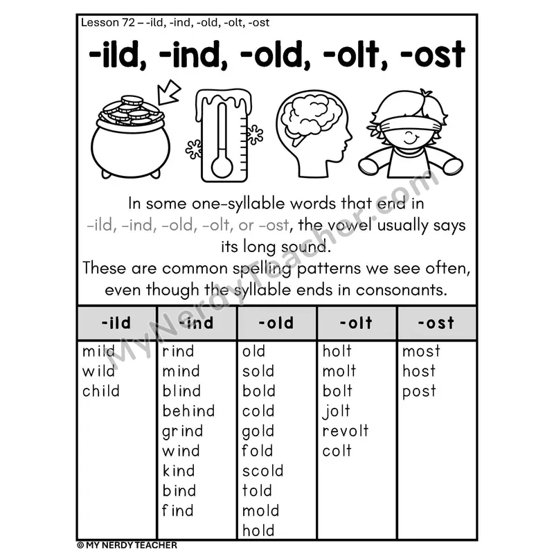 Long VCC Ending Patterns Phonics Poster BW — -ild -ind -old -olt -ost Word Lists