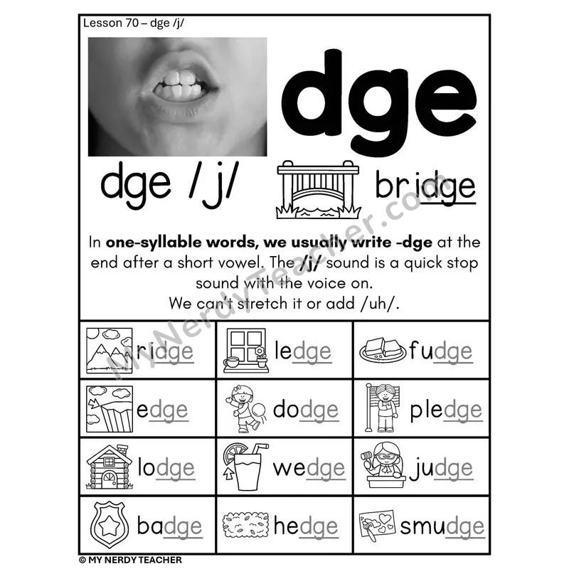 DGE Spelling Rule Phonics Poster BW — dge /j/ with Pictures