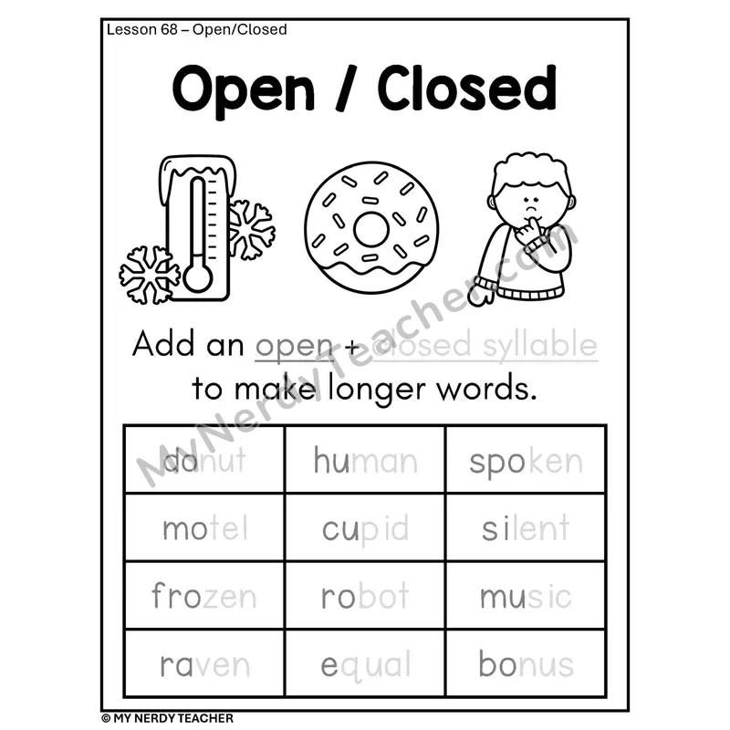 Open and Closed Syllables Phonics Poster BW — Open/Closed Word List