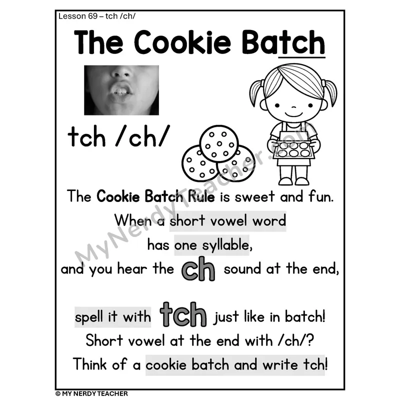 TCH Spelling Rule Phonics Poster BW — The Cookie Batch Rule tch /ch/