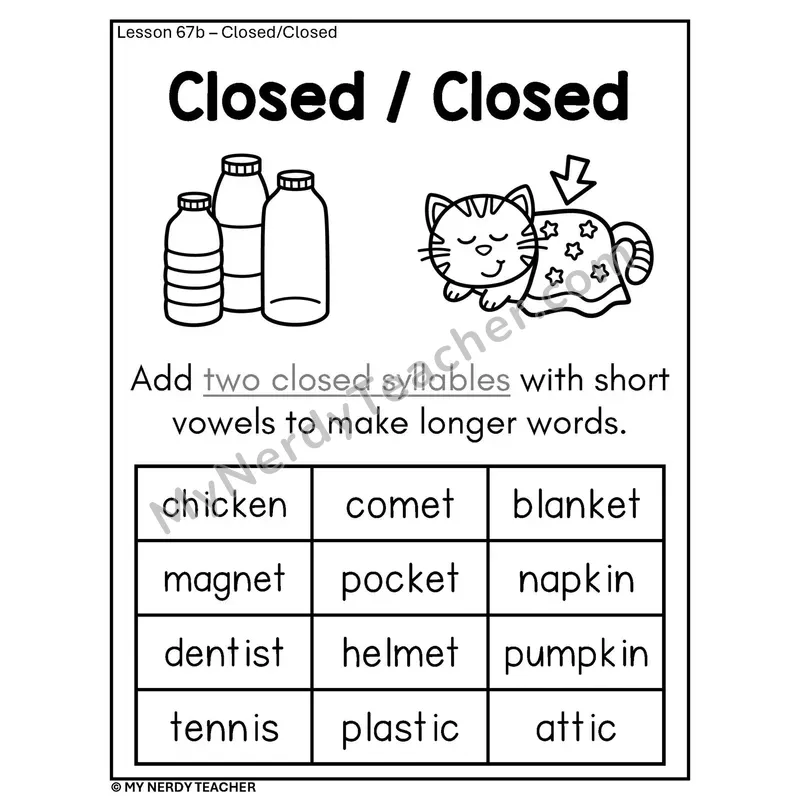 Closed/Closed Syllables Phonics Poster BW — Two Closed Syllable Word List