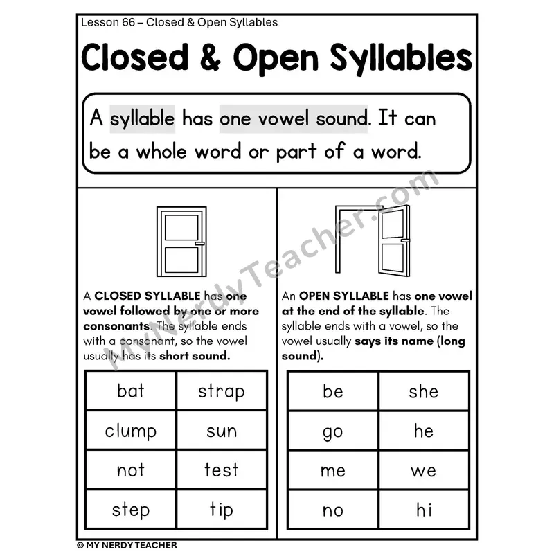 Closed and Open Syllables Phonics Poster BW — Syllable Rules with Examples