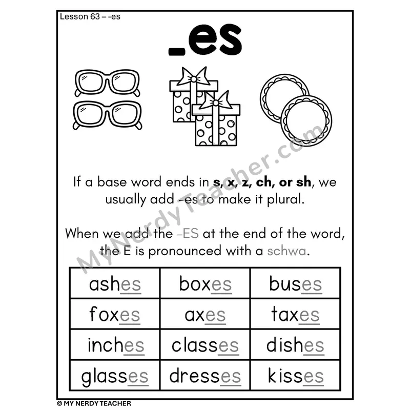 Suffix -es Phonics Poster BW — Adding -es to Base Words with Pictures