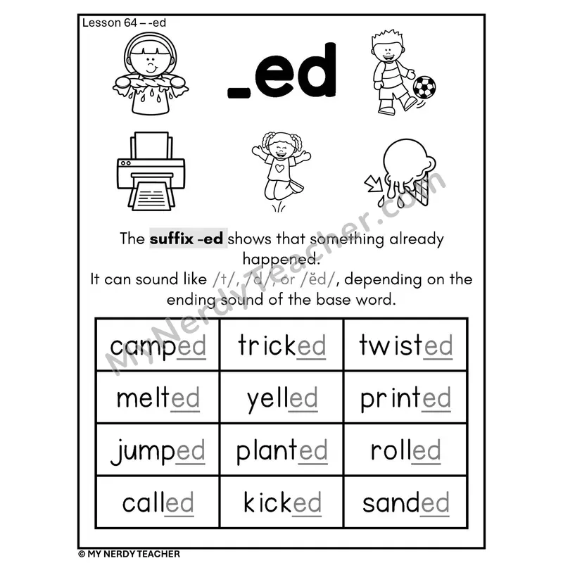 Suffix -ed Phonics Poster BW — Adding -ed to Verbs with Pictures