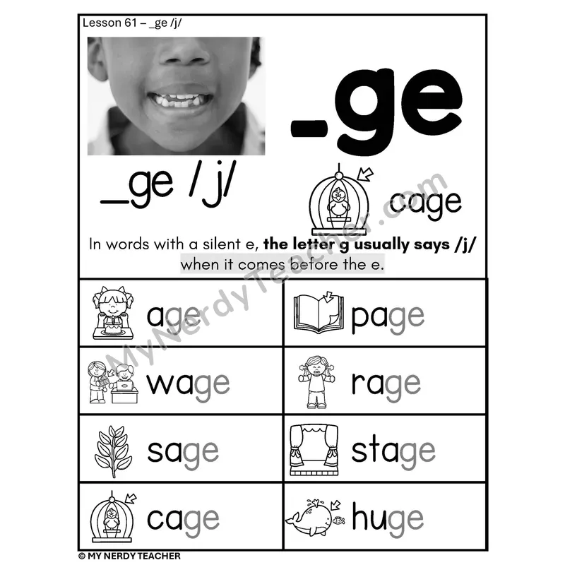 Soft G Spelling Rule Phonics Poster BW — _ge /j/ with Pictures