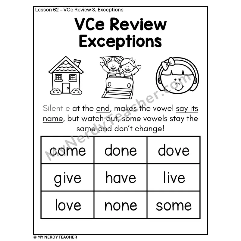 VCe Review Exceptions Phonics Poster BW — Silent e Words That Don't Follow the Rule
