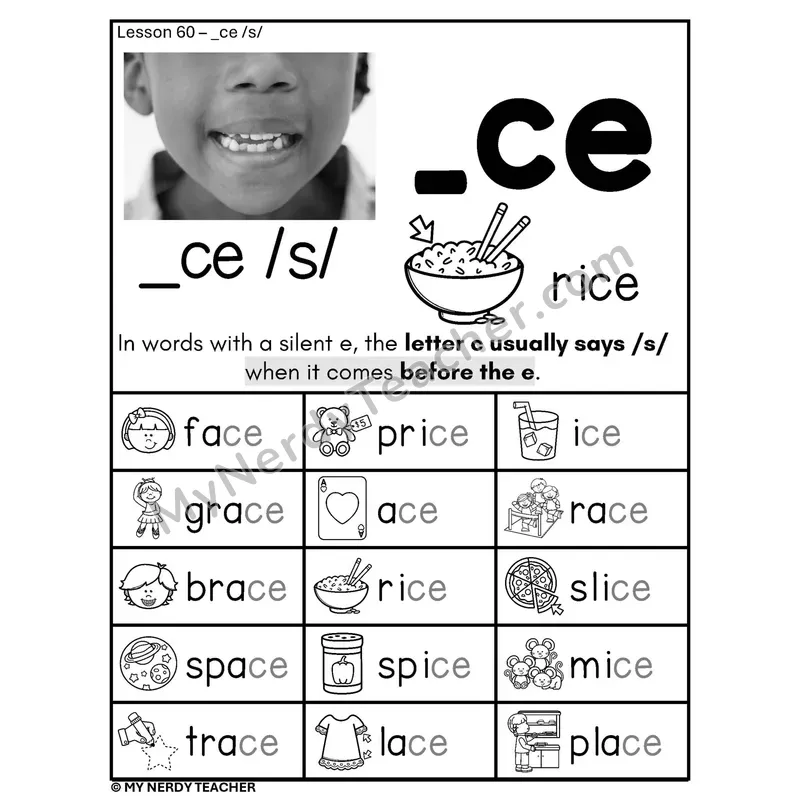 Soft C Spelling Rule Phonics Poster BW — _ce /s/ with Mouth Photo and Pictures