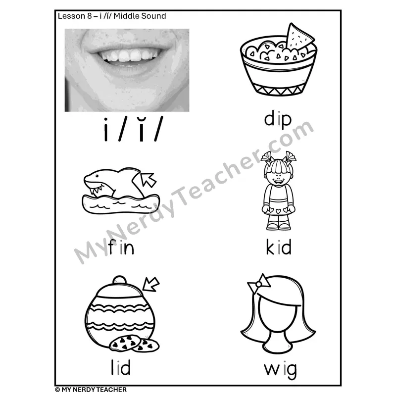 Short I Middle Sound Phonics Poster BW — Letter i /ĭ/ with Pictures