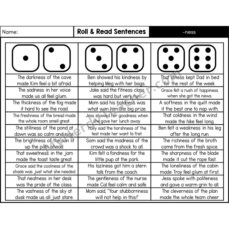 Suffix -ness — Roll & Read Decodable Sentences (Black & White)
