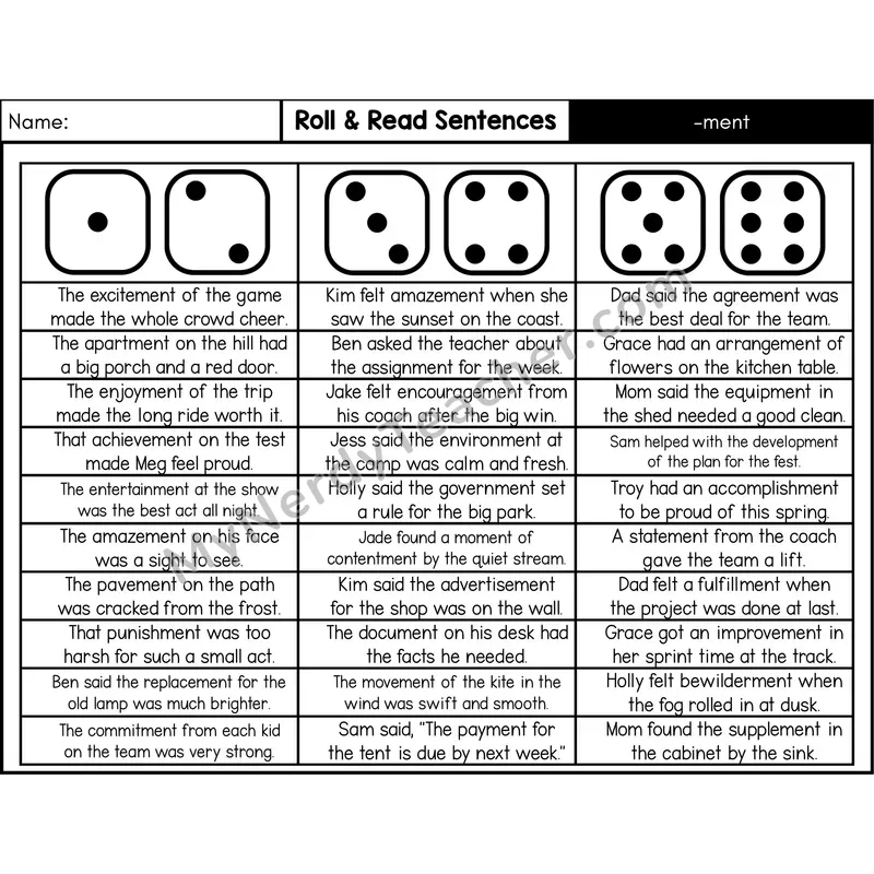 Suffix -ment — Roll & Read Decodable Sentences (Black & White)