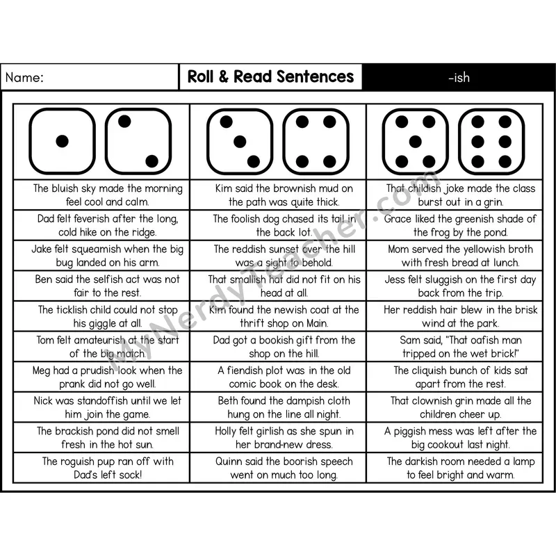 Suffix -ish — Roll & Read Decodable Sentences (Black & White)