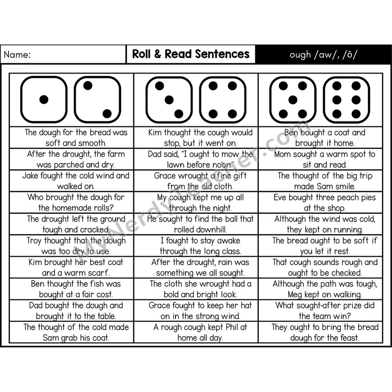 ough Spellings — Roll & Read Decodable Sentences (Black & White)