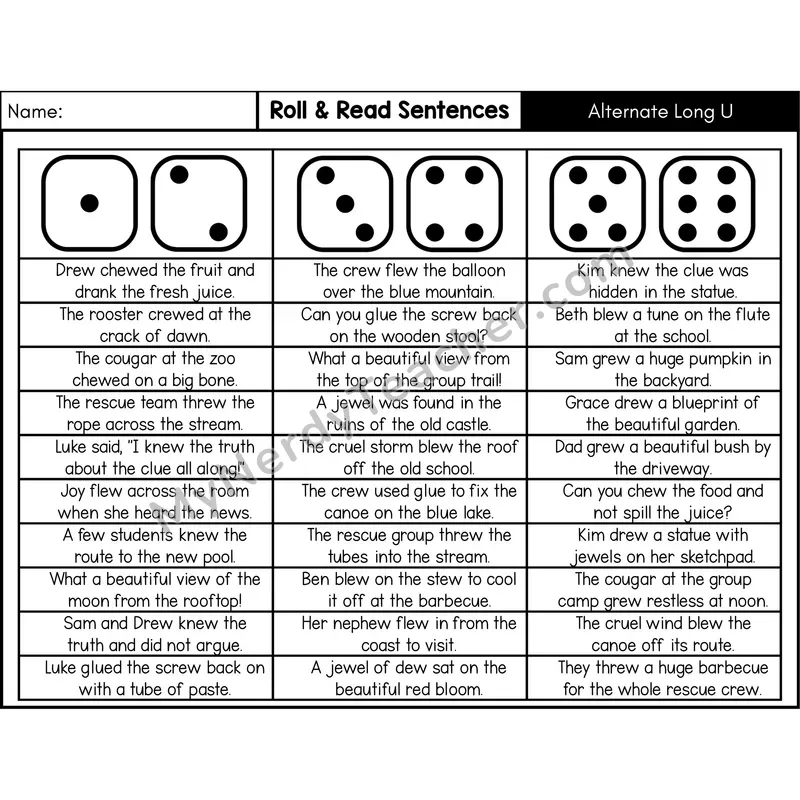 Alternate Long U Spellings — Roll & Read Decodable Sentences (Black & White)