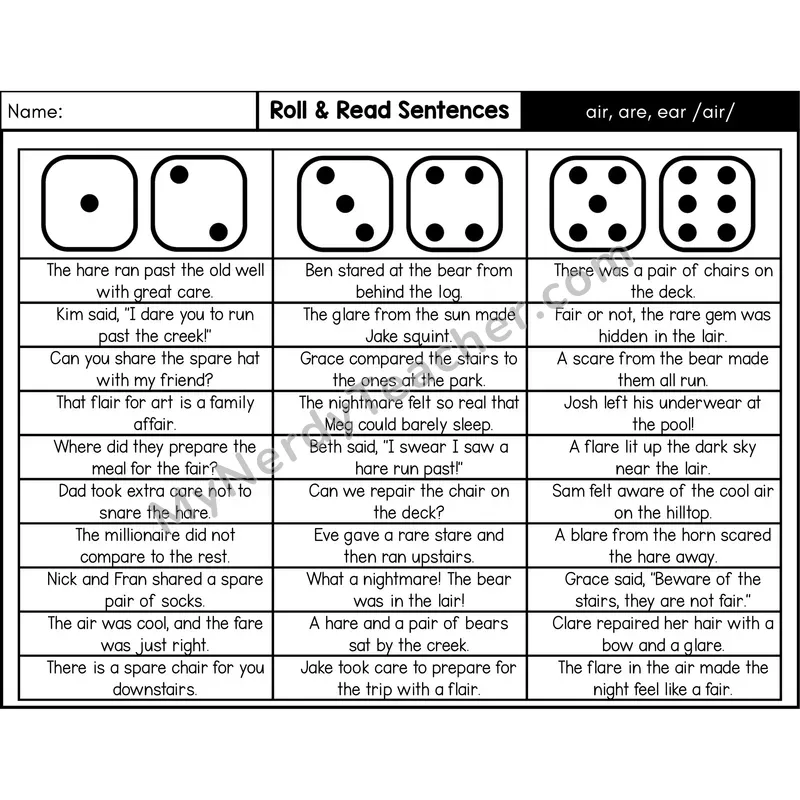 air, are, ear /air/ — Roll & Read Decodable Sentences (Black & White)