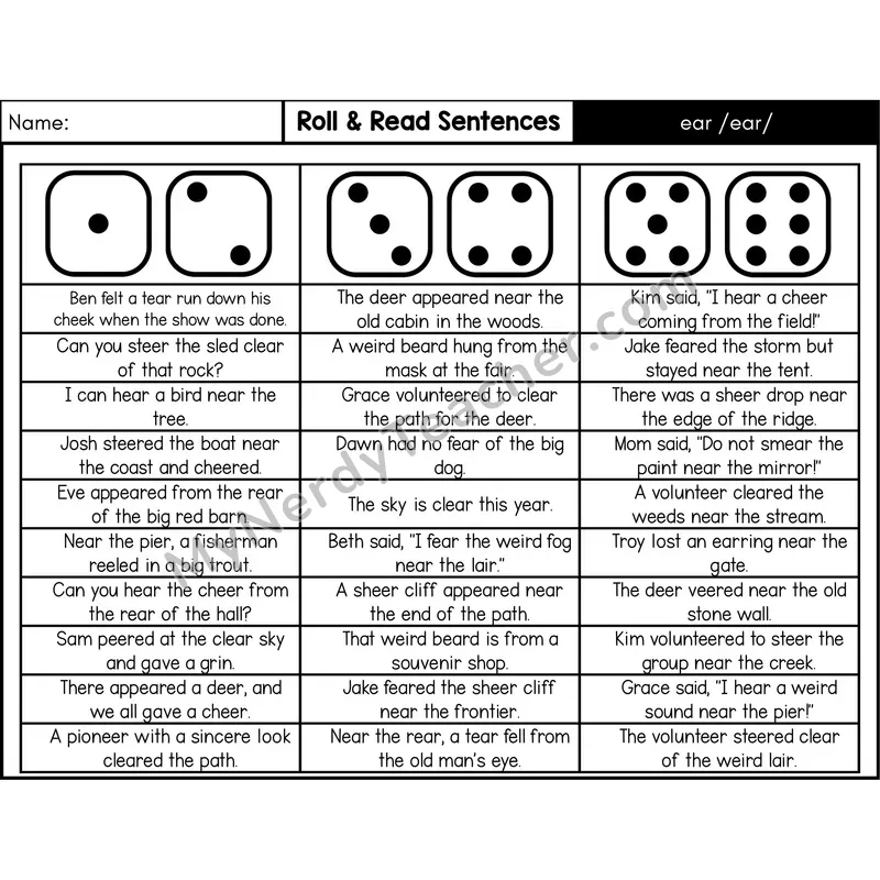 ear /ear/ — Roll & Read Decodable Sentences (Black & White)