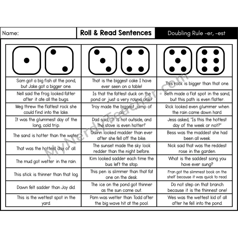 Doubling Rule (-er, -est) — Roll & Read Decodable Sentences (Black & White)