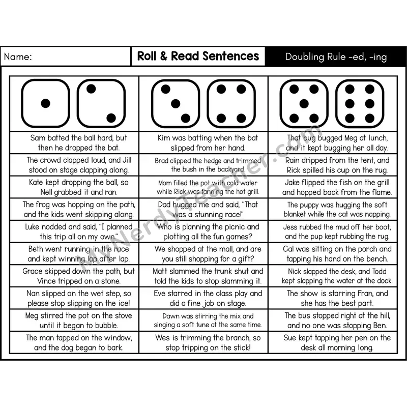 Doubling Rule (-ed, -ing) — Roll & Read Decodable Sentences (Black & White)