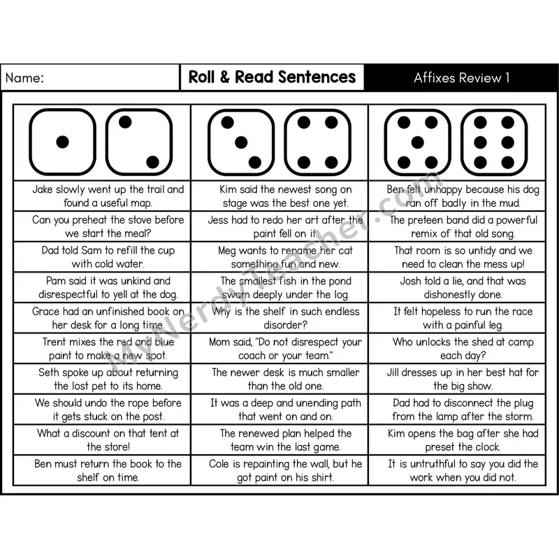 Affixes Review 1 — Roll & Read Decodable Sentences (Black & White)
