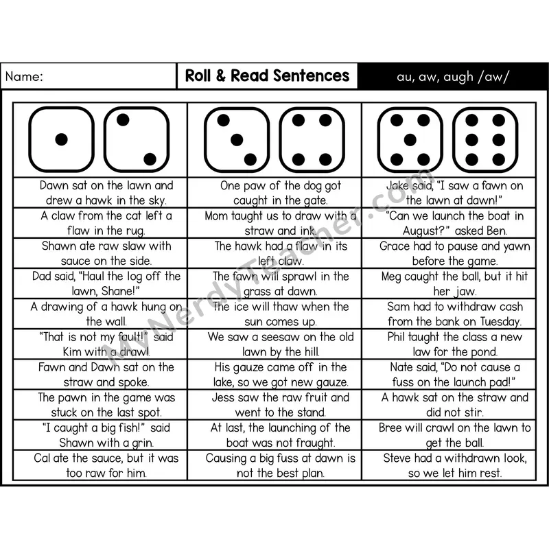 Vowel Teams au, aw, augh — Roll & Read Decodable Sentences (Black & White)