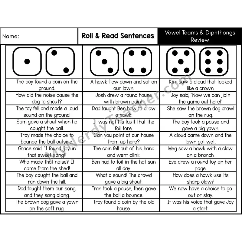 Vowel Teams and Diphthongs Review — Roll & Read Decodable Sentences (Black & White)