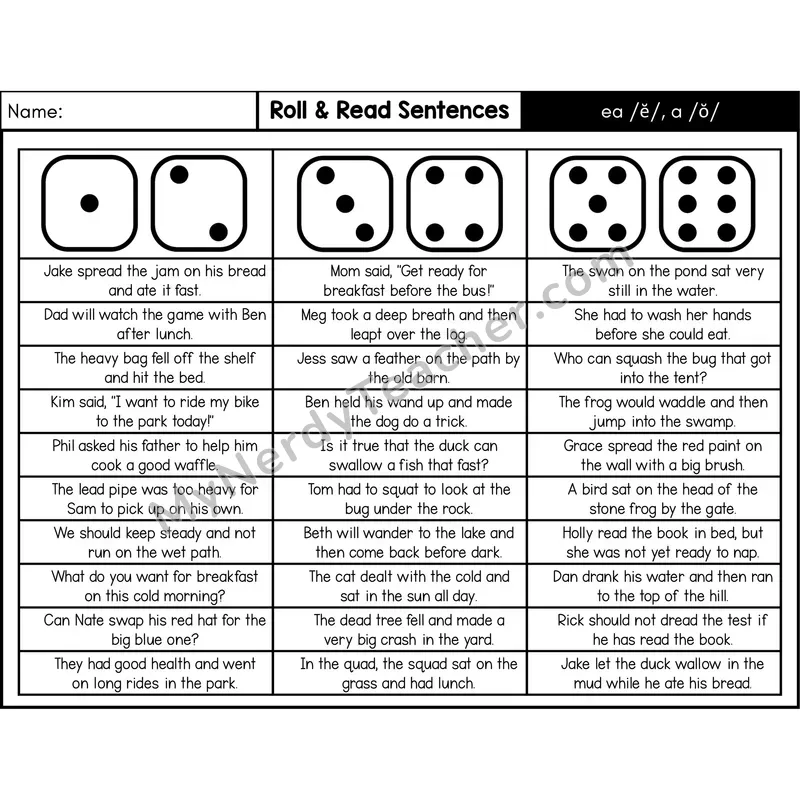 Alternate ea (Short E) and a (Short O) — Roll & Read Decodable Sentences (Black & White)