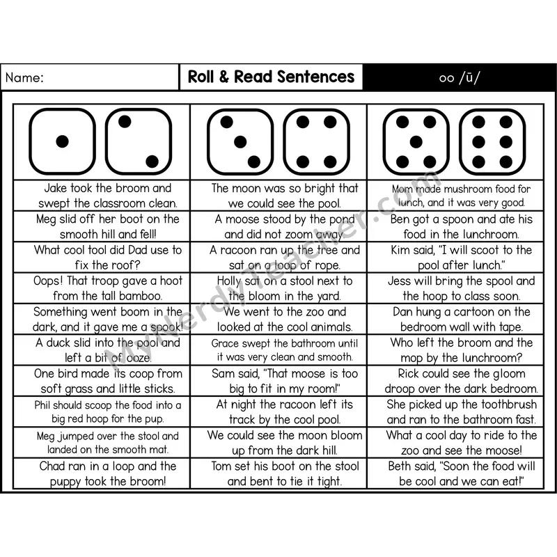 Vowel Team oo (Long /oo/) — Roll & Read Decodable Sentences (Black & White)