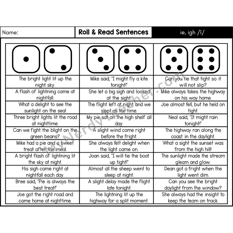 Vowel Teams ie, igh (Long I) — Roll & Read Decodable Sentences (Black & White)
