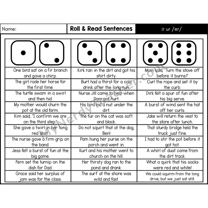 R-Controlled ir, ur — Roll & Read Decodable Sentences (Black & White)