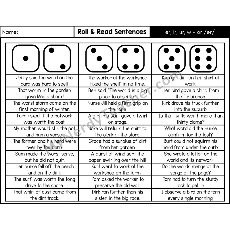Spelling /er/ (er, ir, ur, w+or) — Roll & Read Decodable Sentences (Black & White)