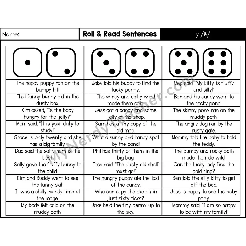 y as Long E — Roll & Read Decodable Sentences (Black & White)