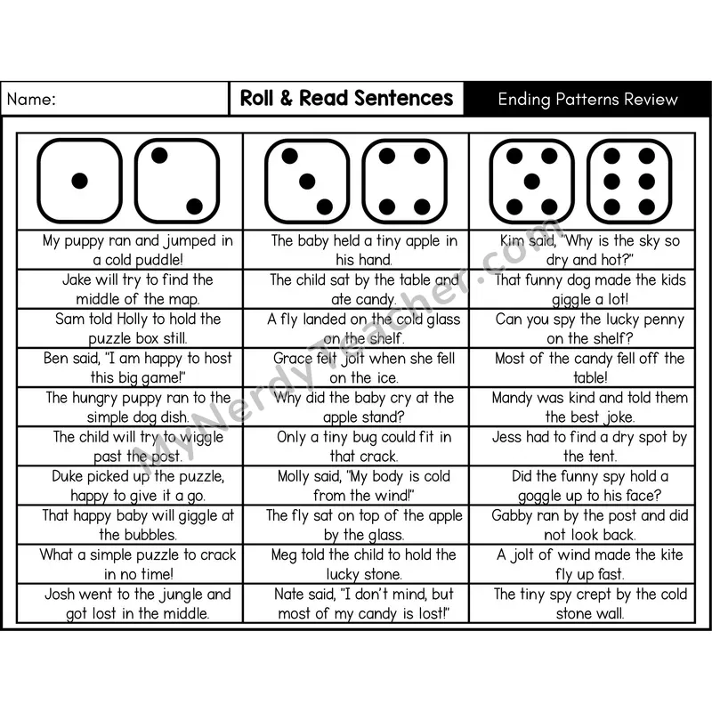 Ending Spelling Patterns Review — Roll & Read Decodable Sentences (Black & White)