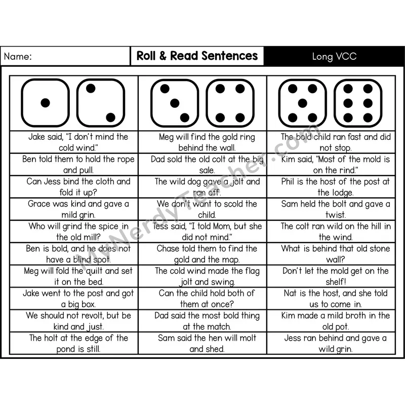 Long VCC Patterns (-ild, -old, -ind, -olt, -ost) — Roll & Read Decodable Sentences (Black & White)