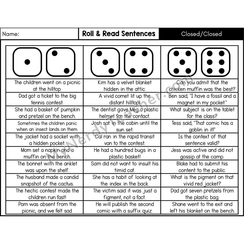 Closed-Closed Syllables — Roll & Read Decodable Sentences (Black & White)