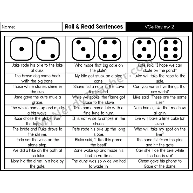 Silent E Review 2 — Roll & Read Decodable Sentences (Black & White)