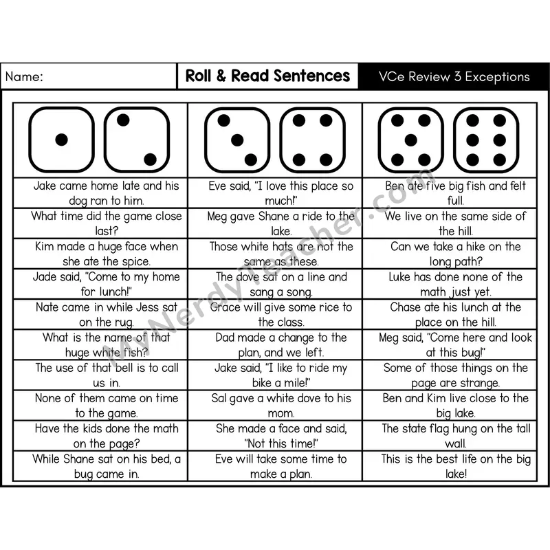 Silent E Review 3 with Exceptions — Roll & Read Decodable Sentences (Black & White)