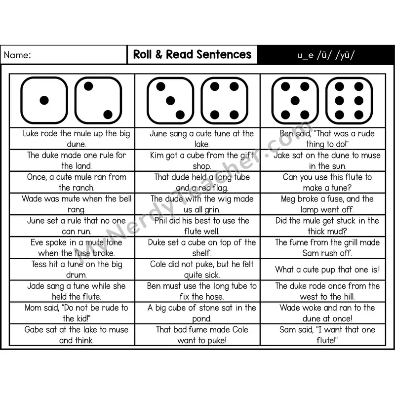 Silent E u_e (Long U) — Roll & Read Decodable Sentences (Black & White)