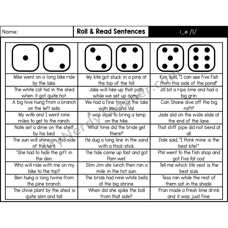 Silent E i_e (Long I) — Roll & Read Decodable Sentences (Black & White)